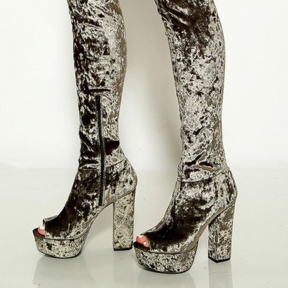 New - Khaki Peep-Toe Velvet Thigh High Boots - Picture 2 of 4